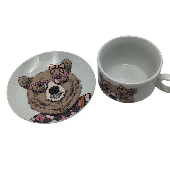QUEEN WEST Hipster Bear Mug & Saucer Set Whimsical Decorated - Picture 2 of 9